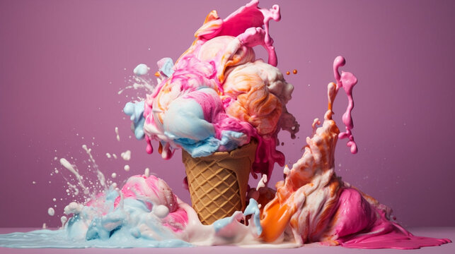 Variety of ice cream scoops in waffle cone isolated on plain background. Summer refreshment swirl splash. Generative AI