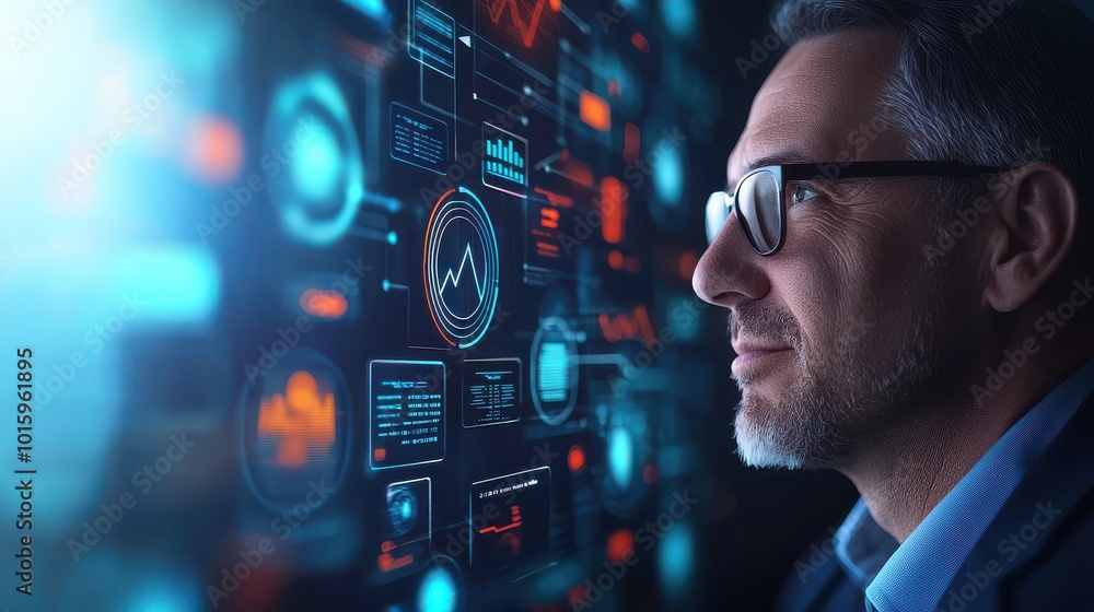 Poster businessman analyzing digital data on futuristic interface, profile view.