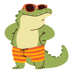 Cute crocodile in sunglasses and shorts. Flat vector illustration in children's style on a summer theme. Vector illustration