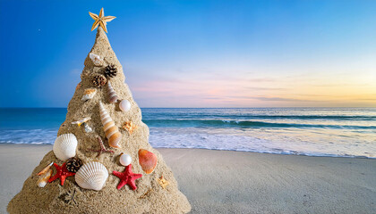 Christmas Tree Made of Sand with Seashell Ornaments