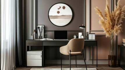 Stylish home office design with a black mock-up frame, elegant desk, chair, laptop, and decorative accessories, perfect for a cozy display with ample copy space