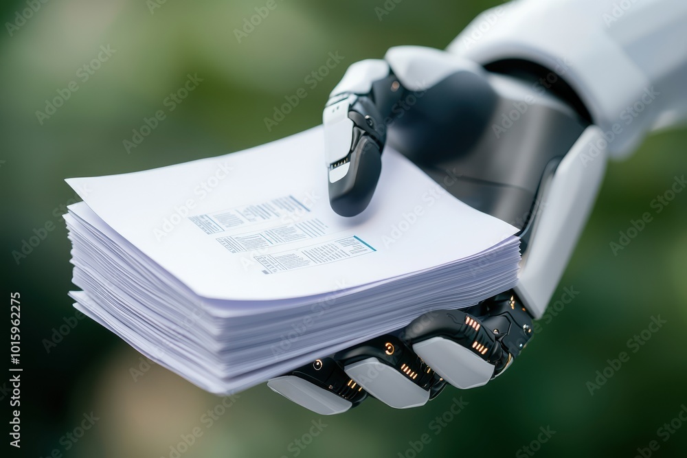 Poster hands of a robot holding a stack of documents with a green background.
