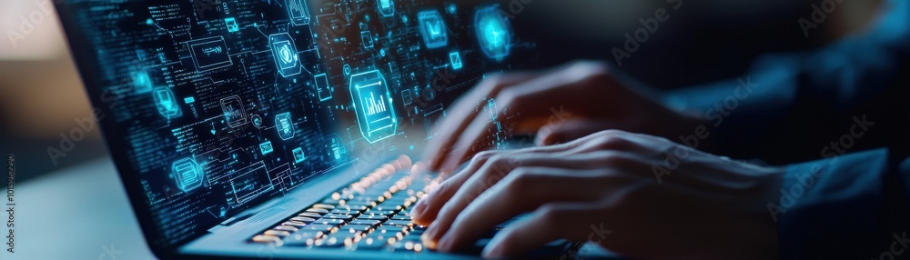 Poster hands typing on a laptop with digital interface visuals.