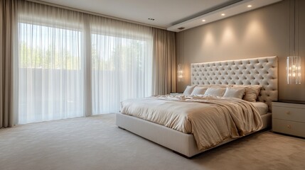 A serene bedroom with a king-sized bed featuring a tufted headboard and luxurious silk bedding. Large windows draped with sheer curtains allow natural light to gently flood the space