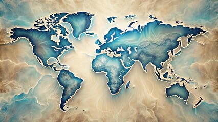 A World Map Emblazoned with a Swirling, Textured, and Abstract Landscape of Deep Blues and Warm Tan Hues
