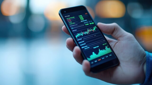 Hand holding smartphone displaying stock market data on screen.