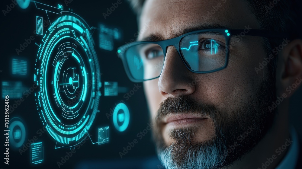 Poster man with glasses analyzing digital interface, focused expression