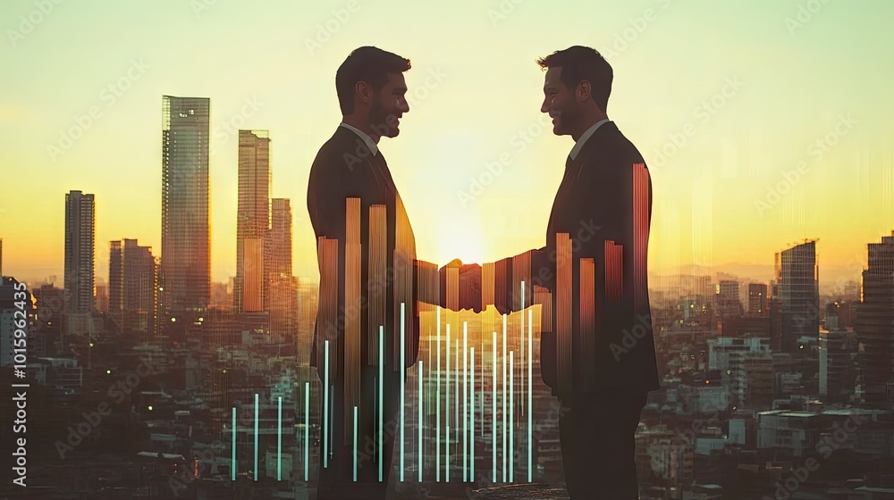 Poster two executives shaking hands in front of a city backdrop with upward graphs, symbolizing growth and 