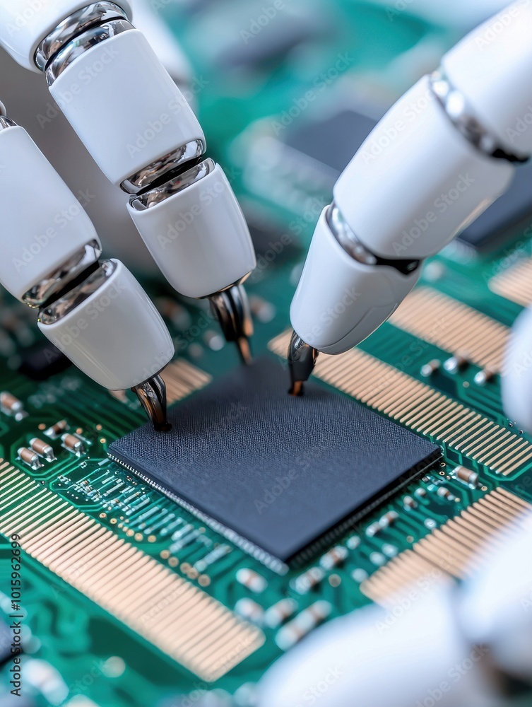 Poster robot hands manipulating a microchip on a circuit board, close-up detail.