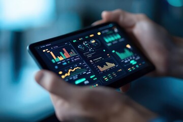 Person using tablet to analyze data visuals on a dark screen.