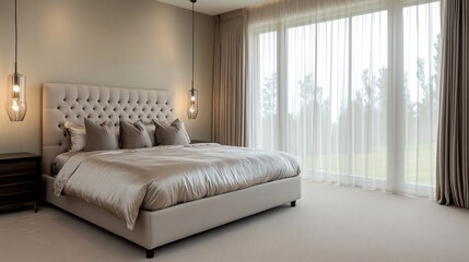 A serene bedroom with a king-sized bed featuring a tufted headboard and luxurious silk bedding. Large windows draped with sheer curtains allow natural light to gently flood the space