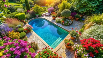 Fototapeta premium An enchanting aerial view showcases a stunning swimming pool embraced by a lush garden oasis, ideal for unwinding and enjoying leisurely moments.