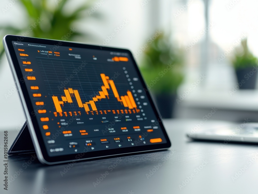 Poster tablet with financial graphs displaying market trends and data analysis.