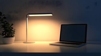 Minimalist Home Office Desk Setup with Desk Lamp and Laptop