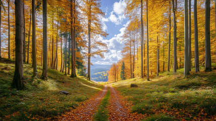 Obraz premium Black Forest, autumn scenery with yellow, orange and red leaves decorating the forest floor, small paths winding through the trees, Ai generated images