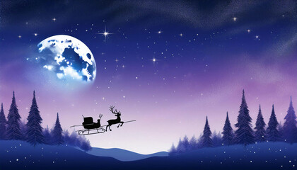 Naklejka premium Night Sky with Santa’s Sleigh and Reindeer Silhouettes