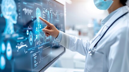 A female scientist in a white coat and mask is holding up her finger to touch an abstract holographic interface with medical icons