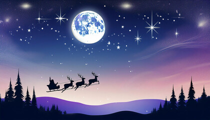 Naklejka premium Night Sky with Santa’s Sleigh and Reindeer Silhouettes