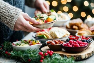 Festive potluck lunch during a holiday celebration. Guests are bringing seasonal dishes and sharing holiday cheer, Generative AI