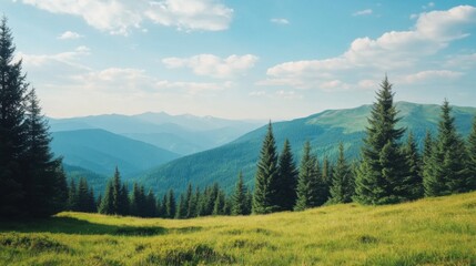 Mountain landscape with green meadow and coniferous forest.