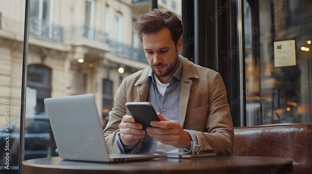Poster man in a brown jacket using a smartphone in a cafe