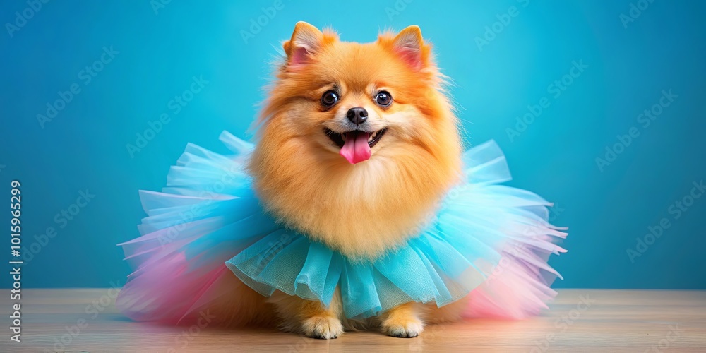 Wall mural A furry friend dressed in a vibrant blue and pink tulle tutu, sits on a wooden surface, showcasing an adorable smile and playful expression.