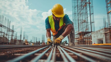 Construction worker with safety helmet and protective gloves working at construction site.