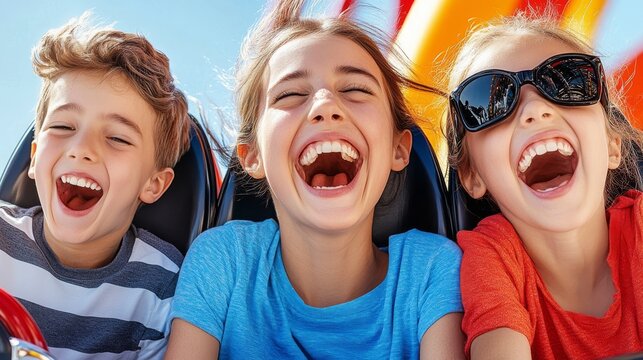 A mother and her two children riding a rollercoaster at an amusement park, showcasing expressions of excitement and joy