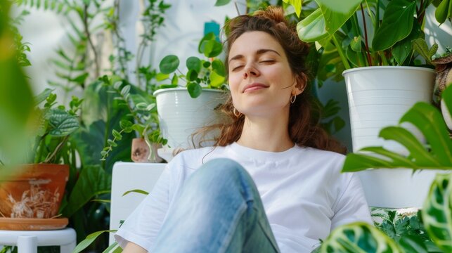 A peaceful scene of an urban gardening enthusiast relaxing in their garden filled with potted plants