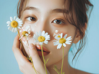 Asian model holding daisies in front her face for a skincare shoot