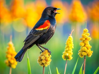 Fototapeta premium A bright red-winged blackbird serenades in a verdant marsh, its melodic calls echoing through the vibrant greenery, celebrating the rhythm of
