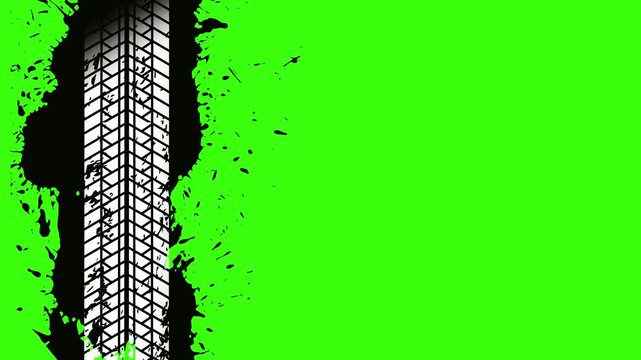 2D animation of car tyre track template from different perspectives, green screen. Template for promotional videos, intros with custom text space. Easily remove green background. 4k animation