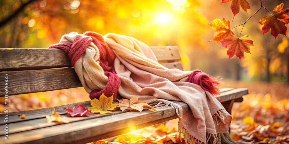 Sticker A cozy blanket draped across a weathered wooden bench, surrounded by fallen autumn leaves, bathed in the warm glow of the setting sun.