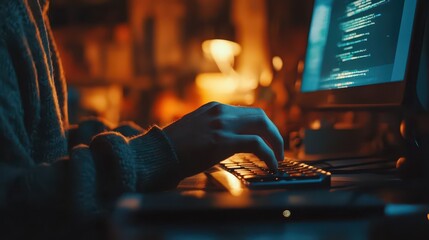 Close-up of hands typing on a keyboard with code on the screen in a dimly lit room. Concept of programming and technology.