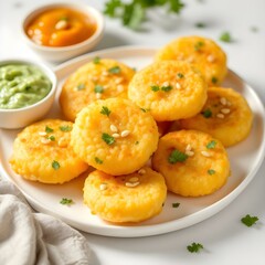 Close-Up of Golden Crispy Sabudana Vadas with Coriander-Mint and Tamarind Chutney on White Plate - High-Quality Food Stock Image