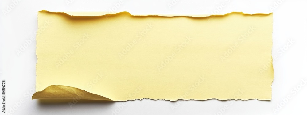 Poster torn yellow paper on white background, blank sheet with jagged edge, centered for text placement, mi