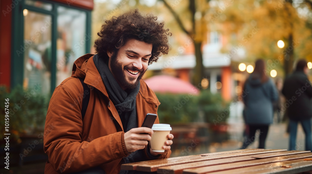 Wall mural Hipster man looking at phone in a cafe in autumn