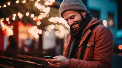 Man texting friends for Christmas using smartphone