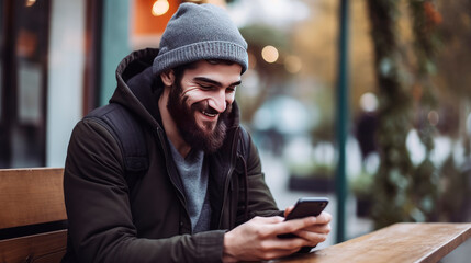 Hipster man looking at phone in a cafe in autumn
