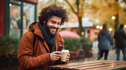 Hipster man looking at phone in a cafe in autumn