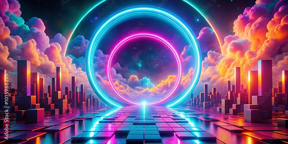 Canvas Prints A neon portal in the clouds above a futuristic cityscape, illuminated by vibrant colors and reflections