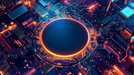 abstract tech background with neon-lit circuit boards, wires, and microchips, set against a dark, gradient blue background.