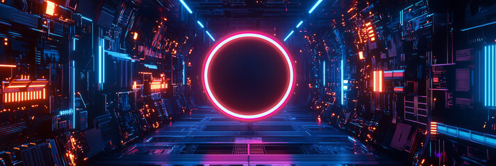 Fototapeta premium abstract tech background with neon-lit circuit boards, wires, and microchips, set against a dark, gradient blue background.