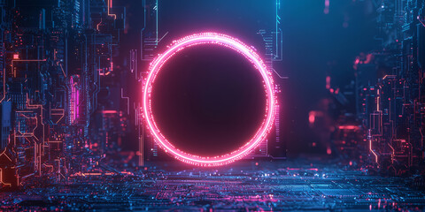 abstract tech background with neon-lit circuit boards, wires, and microchips, set against a dark, gradient blue background.