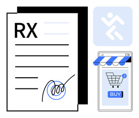 RX paper with signature, shopping cart on smartphone screen, and abstract logo. Ideal for online pharmacy, e-commerce, mobile shopping, digital healthcare, telemedicine. Clean, modern, flat style