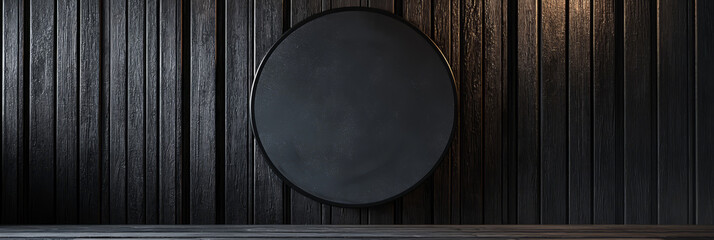 The circular signboard mockup designed like a chalkboard, set against dark wooden planks.
