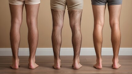 Leg hair removal journey captured in stages: from unshaven legs to smoother skin with significantly reduced hair growth after routine waxing