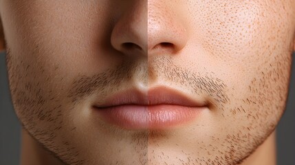 Fototapeta premium Before-and-after of electrolysis treatment on facial hair, focusing on hair-free patches and smooth skin, detailed pore texture, Digital Rendering, High-Resolution