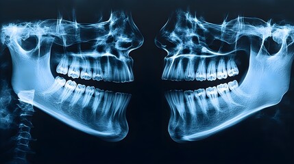 Digital X-ray images of a patient's jaw, illustrating the impact of braces on teeth alignment and bone structure, clear contrast between before and after, Radiograph Style