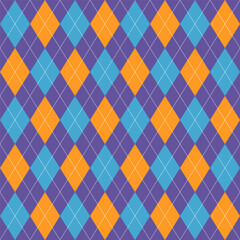 Purple orange blue colors Argyle seamless patern. Rhombus background. Halloween design argyle pattern, wallpaper, digital paper, print.